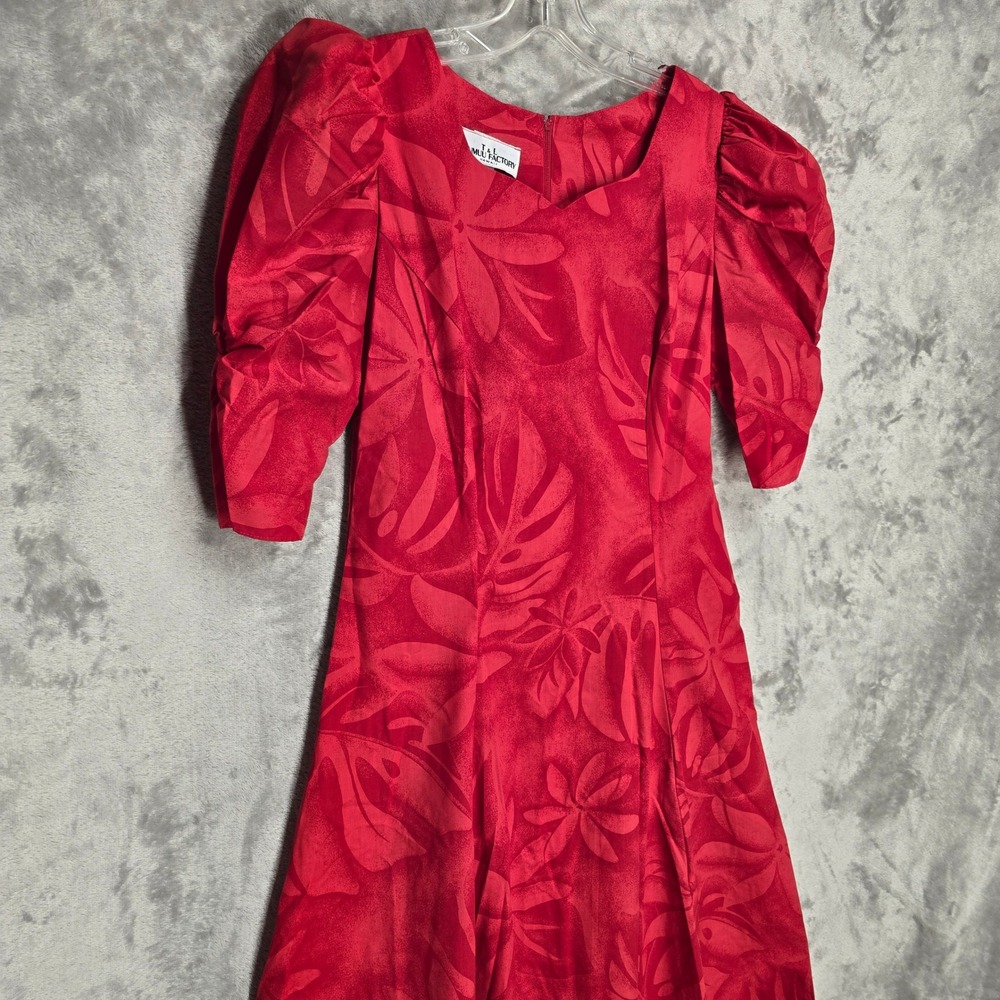 T&L Muumuu Factory Dress Womens 7/8 Red Tropical Floral Puff Sleeve Maxi Hawaii - Picture 11 of 15